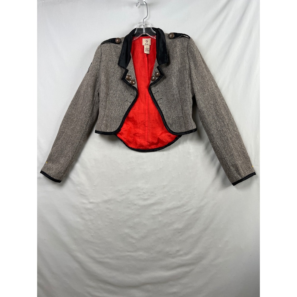 G-Unit Cropped Y2K Military Blazer Women Small Gray Tweed Wool Blend Satin Trim